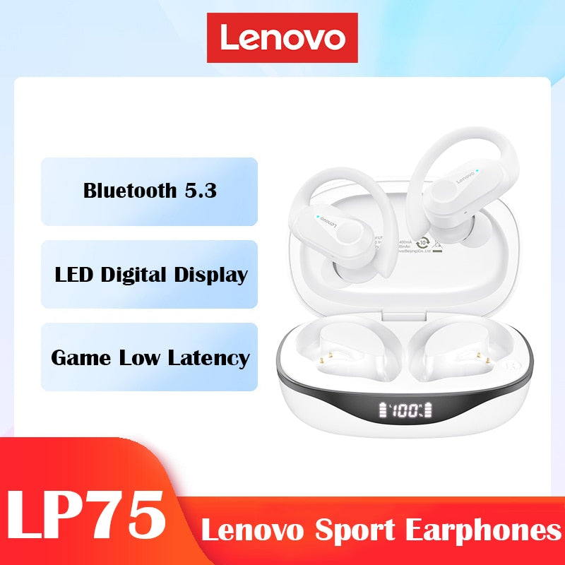 Audífonos Lenovo Deportivos Inalámbricos LP75, con Micrófono, Resistentes al Agua, Reducción del Ruido, Estéreo de Alta Fidelidad, Bluetooth 5.3