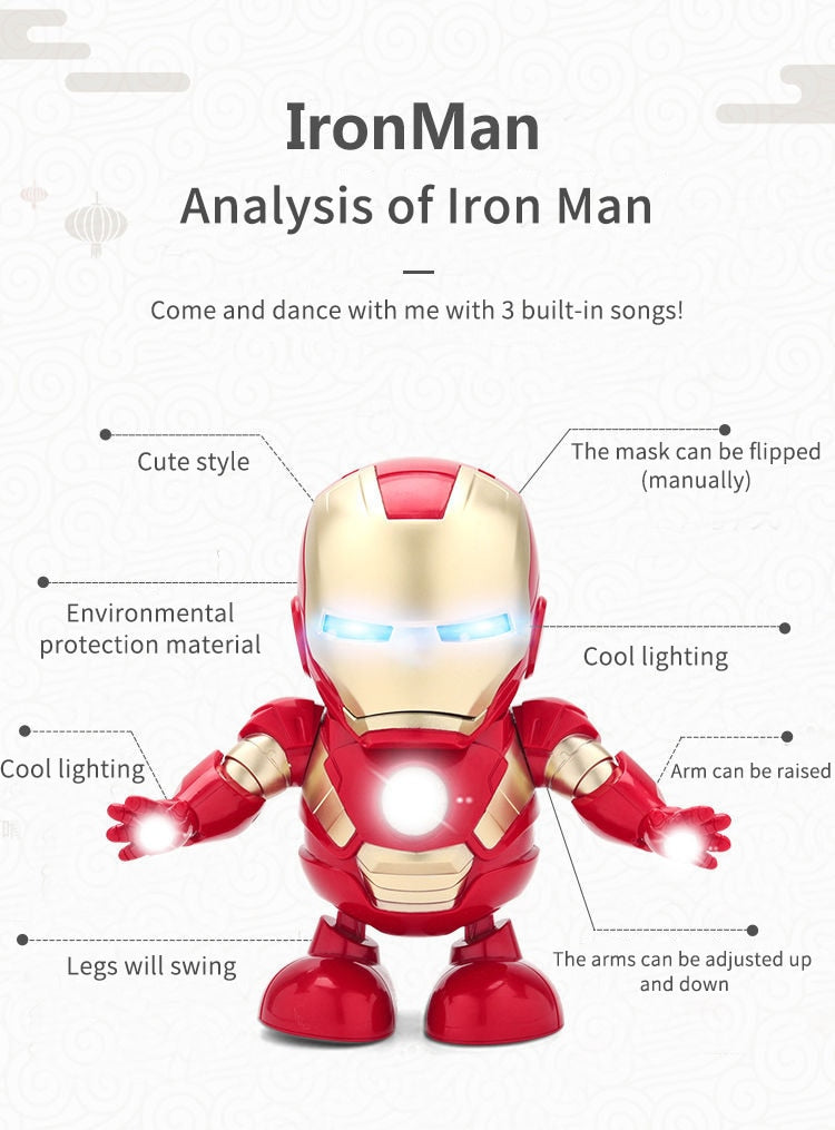 Robot bailarin "Los héroes de Marvel The Avengers " Cada Heroe tiene cuatro canciones, iluminación y baile.